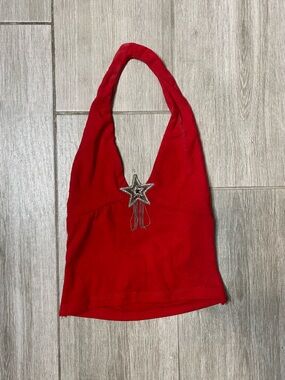 Upcycled Red Star Fringe Halter Top Y2K Rhinestone Festival Small